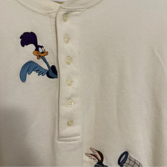 Warner Bros Vintage 1996 Looney Tunes Coyote Road Runner Henley Tee Ivory Large - Picture 2 of 4